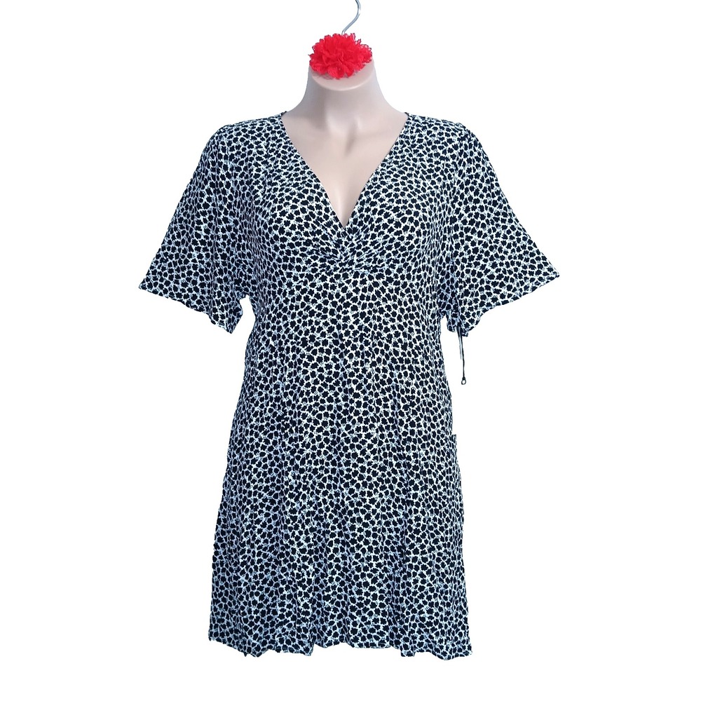 Leith White Cloud Floral Twist Front Women Mini Dress 3X Black V Neck Summer